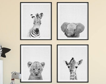 Safari Nursery Decor, Baby Animals Set 4, Elephant, Giraffe, Lion, Zebra, Black And White Nursery Animals Art, Kids Room Decor Printable Art