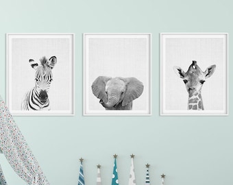 Decor van de kwekerij van de Safari, baby dieren set 3, Zebra olifant Giraffe, zwart-wit kwekerij prints, kwekerij Wall Decor, digitale afdrukbare kunst
