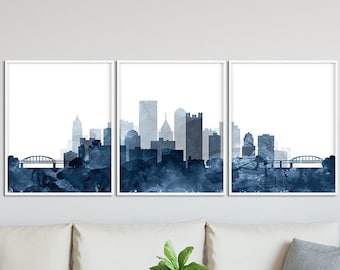 Pittsburgh Skyline Prints, Pittsburgh Set of 3, Pittsburgh Triptych, Watercolor Navy Blue, Modern Wall Art, Home Office Decor, Printable