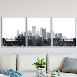 Pittsburgh Skyline Print, Pittsburgh Set van 3, Pittsburgh Triptiek, Aquarel Zwart Wit, Moderne Kunst aan de muur, Home Decor Reizen Afdrukbare Kunst