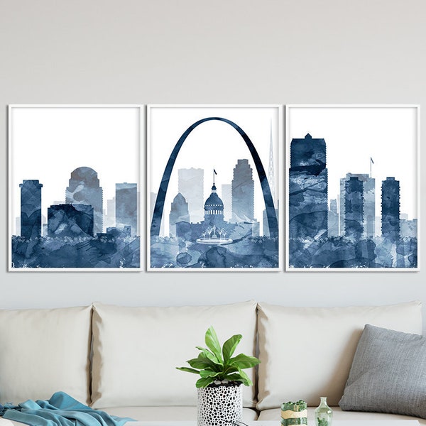 St Louis Print, St Louis Skyline Watercolor Navy Blue Set of 3, Cityscape St Louis Missouri, Modern Wall Art, Home Decor, Printable Art