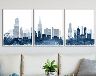 Chicago Print, Chicago Skyline Watercolor Navy Blue Set of 3, Triptych Cityscape Chicago Illinois, Modern Wall Art, Home Decor Printable Art