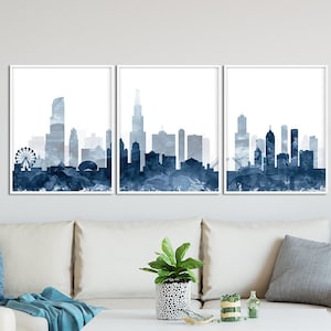 Chicago Print, Chicago Skyline Watercolor Navy Blue Set of 3, Triptych Cityscape Chicago Illinois, Modern Wall Art, Home Decor Printable Art