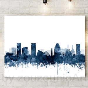 Baltimore Skyline Print, Maryland Cityscape, Baltimore Watercolor Navy Blue, Modern Wall Art, Travel Poster, Home Office Decor Printable Art