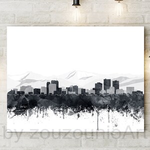 Anchorage Skyline Print, Anchorage Watercolor Black White Poster, Anchorage Alaska Cityscape, Modern Wall Art, Home Office Decor Printable