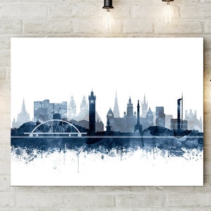 Glasgow Skyline Print, Glasgow Scotland Cityscape Poster, Glasgow Skyline Watercolor Navy Blue White, Modern Wall Art, Home Decor Printable