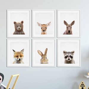 Arredamento della scuola materna del bosco, set di animali per bambini 6, coniglietto volpe orso cervo, stampe della scuola materna arte animale moderna, animali del bosco, arte stampabile della camera dei bambini