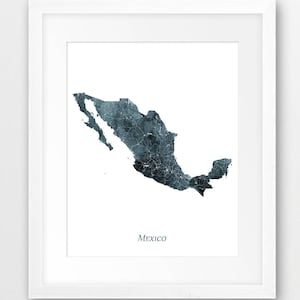 Mexiko Karte Poster, Mexiko Aquarell Druck, Mexiko Wandkunst, Aquarell Karte Mexiko, Indigo Grau, Wohnkultur, Reise, Digital druckbare Kunst