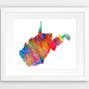 Impression de carte d'état de Virginie-Occidentale, carte aquarelle silhouette de Virginie-Occidentale, art mural moderne, affiche d'état des Etats-Unis, décoration d'intérieur, impression numérique