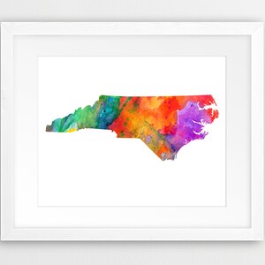 Impression d'art de carte d'état de Caroline du Nord, carte aquarelle de silhouette de Caroline du Nord, art mural moderne, affiche d'état des Etats-Unis, art imprimable de décoration d'intérieur