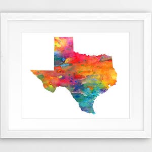 Impression de carte d'état du Texas, silhouette de carte du Texas, art mural moderne, affiche d'art de carte d'état des États-Unis à l'aquarelle abstraite, décor de bureau à domicile, art imprimable