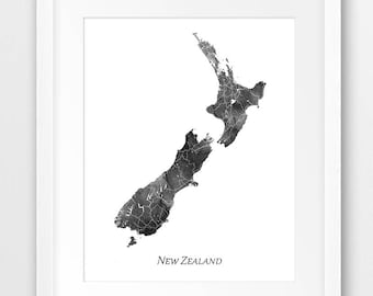 New Zealand Map Print, New Zealand Poster, New Zealand Wall Art, Watercolor Grey Black And White, Home Decor, Travel, Digital Printable Art