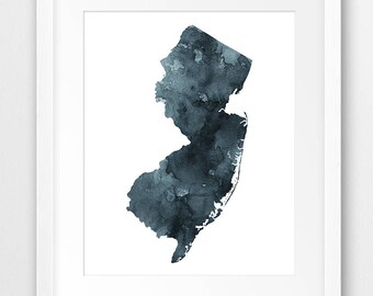 New Jersey State Map Print, Watercolor New Jersey Silhouette, Indigo Blue Modern Wall Art, USA State Poster, Home Decor, Digital Printable