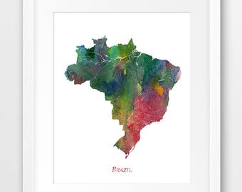 Impresión de mapa de Brasil, póster de mapa de Brasil, arte mural de Brasil, pintura de acuarela de Brasil, decoración de oficina en casa, póster de viaje, arte imprimible digital