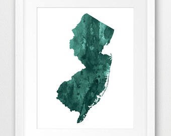 New Jersey State Map Print, Watercolor New Jersey Silhouette, Emerald Green Modern Wall Art, USA State Poster, Home Decor, Digital Printable