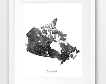 Canada Map Print, Canada Watercolor Print, Canada Wall Art, Watercolor Map Canada Grey Black White, Home Decor, Travel Poster, Printable Art