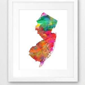 Impression de carte de l'état du New Jersey, silhouette du New Jersey, état de la peinture à l'aquarelle, art mural moderne, affiche de l'état des Etats-Unis, décoration d'intérieur, oeuvre d'art à imprimer
