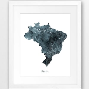Impresión de mapas de Brasil, cartel del mapa de Brasil, arte de la pared de Brasil, mapa de Brasil acuarela azul índigo, decoración del hogar, cartel de viaje, arte imprimible digital
