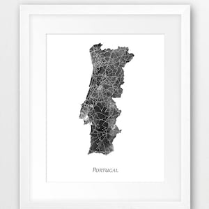 Portugal Map Print, Portugal Watercolor Print, Portugal Wall Art, Portugal Map Watercolor Grey Black White, Home Decor, Travel Printable Art