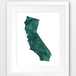 Impression de carte de l'État de Californie, aquarelle silhouette de la Californie, vert émeraude, art mural moderne, affiche de l'État des États-Unis, décoration d'intérieur imprimable numérique