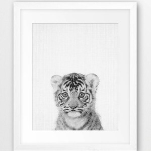 Tiger Print, Nursery Animal Wall Art, Tiger Cub Poster, Baby Animals Art, Nursery Decor, Black White, Kids Room Decor, Digital Printable Art