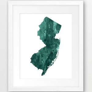 Impression de carte de l'État du New Jersey, Silhouette aquarelle du New Jersey, art mural moderne vert émeraude, affiche de l'État des États-Unis, décoration d'intérieur, impression numérique