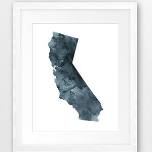 Impression de carte de l'État de Californie, carte aquarelle silhouette de la Californie, indigo, art mural moderne, affiche de l'État des États-Unis, décoration d'intérieur, impression numérique