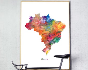 Impresión de mapas de Brasil, cartel del mapa de Brasil, arte de la pared de Brasil, pintura de acuarela del mapa de Brasil, decoración del ministerio del interior, cartel de viaje arte imprimible digital