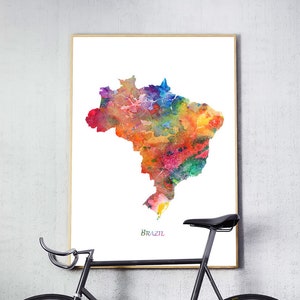 Impresión de mapas de Brasil, cartel del mapa de Brasil, arte de la pared de Brasil, pintura de acuarela del mapa de Brasil, decoración del ministerio del interior, cartel de viaje arte imprimible digital