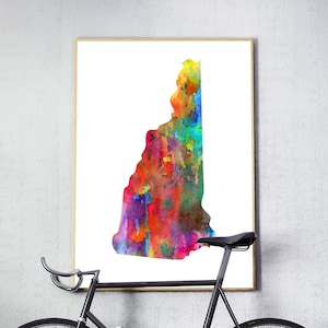 Impression de carte de l'État du New Hampshire, Silhouette aquarelle du New Hampshire, art mural moderne, affiche de l'État des États-Unis, décoration de bureau à domicile imprimable numérique