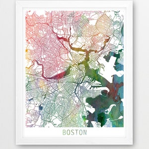 Boston Map Art Print, Boston Street Map Poster, Watercolor Map Boston Massachusetts, Modern Wall Art, Home Office Decor, Printable Art