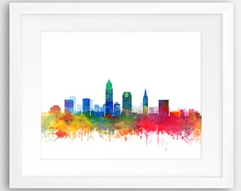 Impresión del horizonte de Cleveland, pintura de acuarela de Cleveland, paisaje urbano de Ohio, arte moderno de la pared, cartel de Cleveland, decoración del hogar, arte imprimible digital
