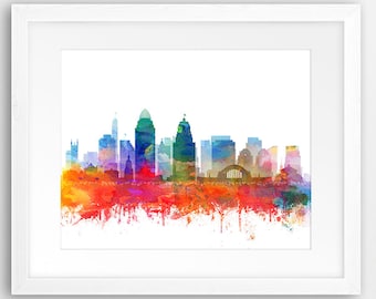 Cincinnati Skyline Print, Cincinnati Art Poster, Cincinnati Ohio, Watercolor Cityscape, Modern Wall Art, Home Office Decor, Printable Art