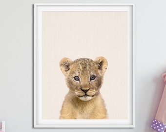 Wydruk z lwiątkiem, sztuka ścienna do pokoju dziecięcego, zwierzęta safari do pokoju dziecięcego, wydruki z lwem, plakat ze zwierzętami, dekoracja ścienna do pokoju dziecięcego, dekoracja pokoju dziecięcego do wydrukowania
