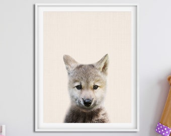 Wolf Print, Nursery Animals Prints, Woodlands Animal Wall Art, Nursery Decor, Cute Baby Animal, Wolf Pup Poster, Kids Room Decor Printable