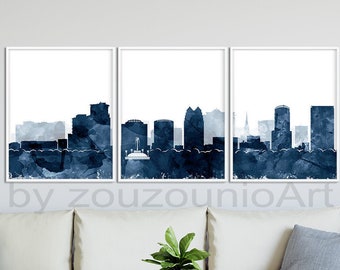 Orlando Skyline Print, Orlando Set of 3, Orlando Triptych Posters, Watercolor Navy Blue White, Modern Wall Art, Home Office Decor Printable