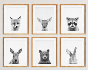 Woodland Nursery Decor, Baby Animals Set 6, Bunny Fox Bear Deer, Nursery Animal Art, Black White Woodland Animals, Kids Room Printable Art