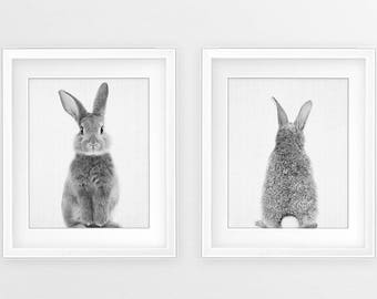 Bunny Print Set, Nursery Animal Wall Art, Woodland Animals, Rabbit Butt Tail Print, Baby Animal Print, Kids Room Decor, Digital Printable
