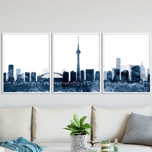 Toronto Skyline Set of 3 Prints, Toronto Triptych Navy Blue White Watercolor, Toronto Cityscape Poster, Modern Decor, Home Printable Art
