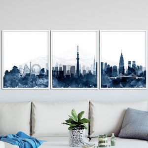 Tokyo Skyline Set of 3 Prints, Tokyo Watercolor  3 Pieces, Tokyo Japan Cityscape Poster, Modern Wall Art, Home Decor, Travel, Printable Art