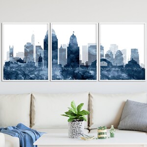 Cincinnati Skyline Print, Cincinnati Set of 3, Cincinnati Triptych, Watercolor Navy Blue, Modern Wall Art, Home Decor, Travel, Printable Art