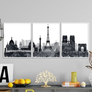 Paris Skyline Set of 3 Prints, Paris Watercolor 3 Pieces, Black White Paris France Cityscape Poster, Modern Wall Art, Home Decor Printable