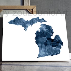 Impression de carte d'art de l'état du Michigan, carte aquarelle bleue du Michigan, impression d'état de la silhouette, art mural moderne, affiche de l'état des Etats-Unis, décoration d'intérieur imprimable