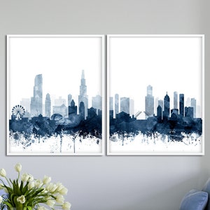 Chicago Skyline Print, Chicago Skyline Watercolor Navy Blue Set of 2, Cityscape Chicago IL, Modern Wall Art, Home Office Decor Printable Art