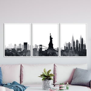 New York Print, New York Skyline Set of 3, New York Wall Art, Black White Watercolor Cityscape New York, Modern Wall Home Decor Printable