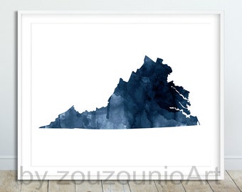 Modern Wall Art Home Office Decor Printable Virginia State Map Print Virginia State Silhouette Navy Blue Watercolor Map USA State Poster