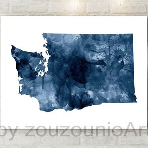 Impression de carte de l'État de Washington, carte bleu marine aquarelle de silhouette de Washington, art mural moderne, affiche de l'état des Etats-Unis, décoration de bureau à domicile imprimable