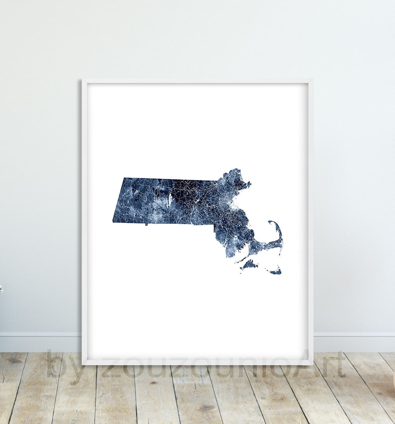 Home Decor Printable Art USA State Road Map Poster Modern Wall Art Watercolor Navy Blue Massachusetts Map Massachusetts State Map Print