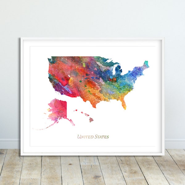 United States Map Print, USA Map Decor, United States Wall Art, USA Watercolor Map, Home Office Decor, Travel Poster, Digital Printable Art