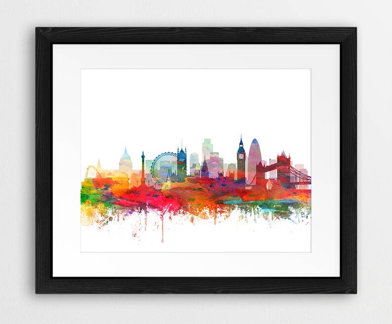 Puede incluir: Una pintura de acuarela del horizonte de Londres, con monumentos emblem&aacute;ticos como el London Eye, el Big Ben y el Tower Bridge. La pintura est&aacute; realizada en una paleta de colores vibrantes, con salpicaduras de rojo, naranja, amarillo, verde, azul y morado.